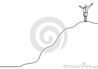 Continuous line drawing of person rising hands after climbing a peak of mountain. Concept of happy success achieving goals theme Vector Illustration