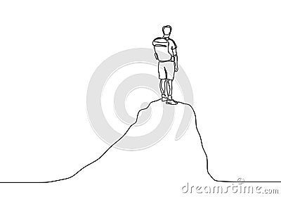 Continuous line drawing of person standing on peak of mountain. Concept of happy success achieving goals theme Vector Illustration