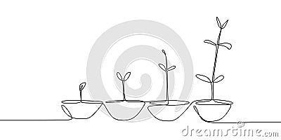 continuous line drawing of plant growth processes Vector Illustration