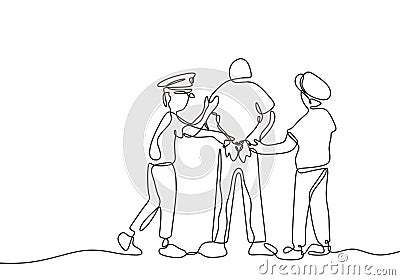 Continuous line drawing. Police officer placing handcuffs on prisoner. Criminal theme one hand drawn sketch design Vector Illustration