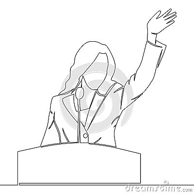 Continuous line drawing Politician woman standing behind rostrum and giving a speech concept Vector Illustration