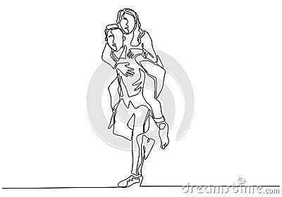 Continuous line drawing. Romantic couple in love. A man carrying a woman on his shoulder. Minimalism contour hand drawn Stock Photo