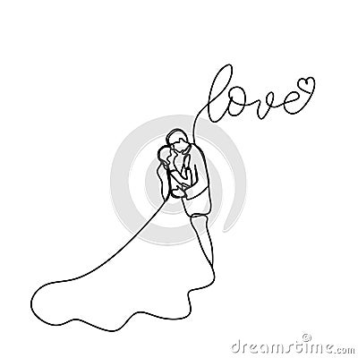 Continuous line drawing of romantic couple in weeding dress vector illustration with love text Vector Illustration