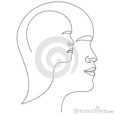 Continuous line, drawing of sad and happy faces, minimalist concept of hidden depression, vector illustration Vector Illustration