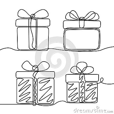 Continuous line drawing set of Gifts box . New Year and Happy Christmas theme Vector Illustration