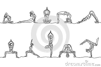 Continuous one line drawing set of woman yoga poses. Vector Vector Illustration