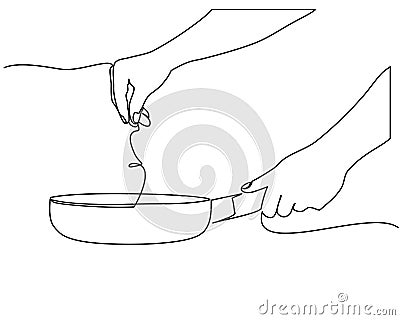 Continuous line drawing of Side view of chef hand holding a frying pan preparing food. Cooking action concept. one line Vector Illustration