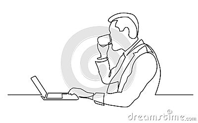 Continuous line drawing of sitting man watching laptop computer drinking coffee Vector Illustration