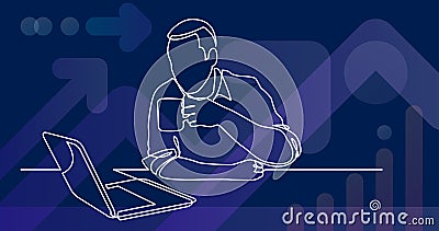 Continuous line drawing of sitting man watching laptop computer drinking coffee Vector Illustration