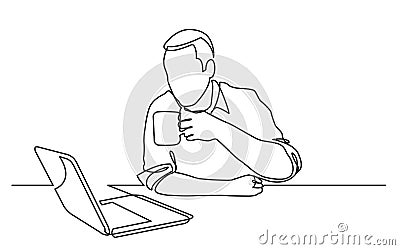 Continuous line drawing of sitting man watching laptop computer drinking coffee Vector Illustration