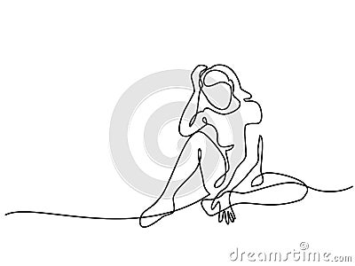 Continuous line drawing. Sitting sad girl Vector Illustration