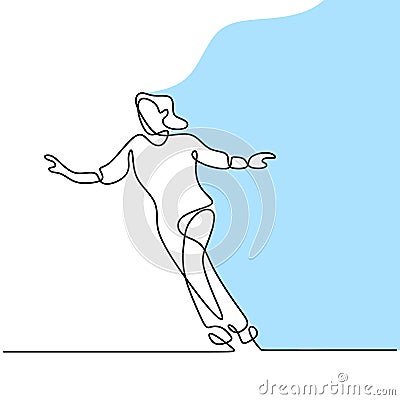 Continuous line drawing of skating girl. Beautiful woman playing ice skater while dancing in the ice area isolated on white Vector Illustration
