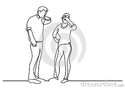 Continuous line drawing of standing couple frustrated Cartoon Illustration