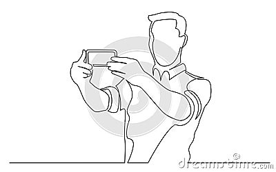 Continuous line drawing of standing man making selfie with his mobile phone Vector Illustration