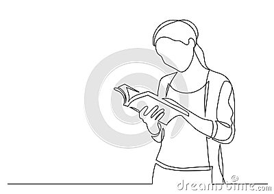 Continuous line drawing of standing woman reading book Cartoon Illustration