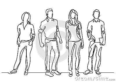 Continuous line drawing of standing young team members Vector Illustration