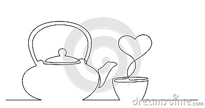 Continuous line drawing of tea kettle and cup of tea with heart shape vapor Stock Photo