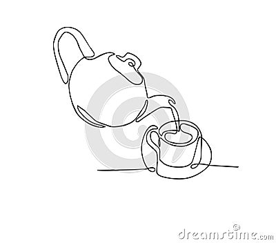 continuous line drawing of Tea pot and tea cup on a white background. Vector Illustration