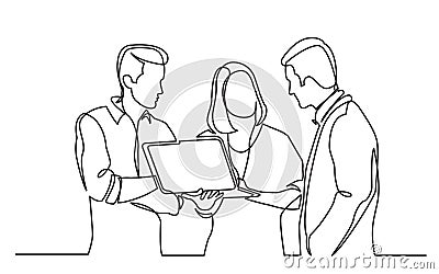Continuous line drawing of team discussing work watching laptop computer Vector Illustration