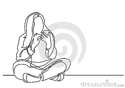 Continuous line drawing of teenage girl sitting with mobile Vector Illustration