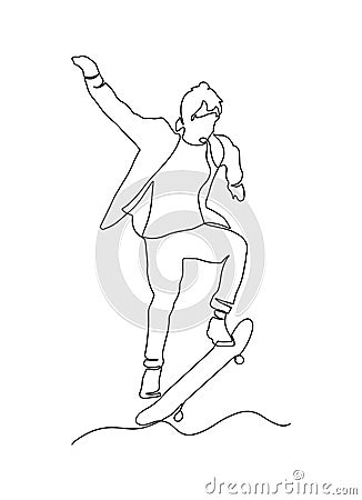 Continuous line, drawing of a teenager riding a skateboard. Simple hand drawn, vector illustration. One continuous line drawing of Cartoon Illustration