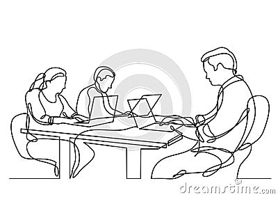 Continuous line drawing of three coworkers working on laptops Cartoon Illustration