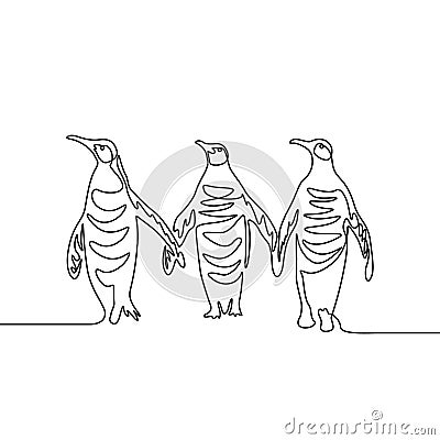 Continuous line drawing Three penguins. Group of penguins. Vector Illustration