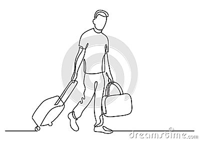 Continuous line drawing of traveler walking rolling bag on wheels Cartoon Illustration