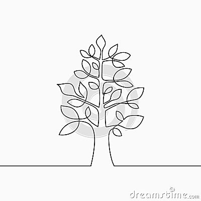 Continuous line drawing of tree with leaf. One line wood, plant and leaves. Hand-drawn illustration for logo, emblem. Vector Illustration