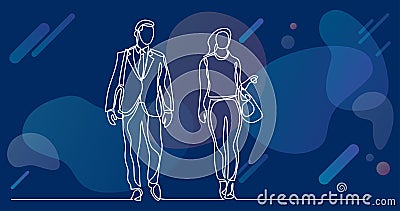 Continuous line drawing of two business persons walking together and talking Vector Illustration