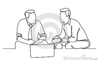 Continuous line drawing of two businessmen sitting and talking Vector Illustration
