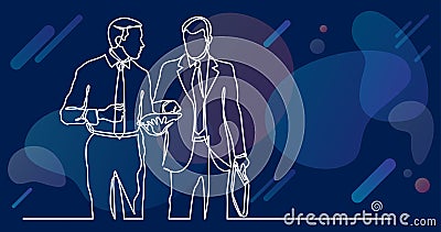 Continuous line drawing of two businessmen walking discussing deal Vector Illustration