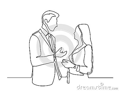 Continuous line drawing of two colleagues standing and talking. continuous line drawing of man and woman discussing work. Vector Cartoon Illustration