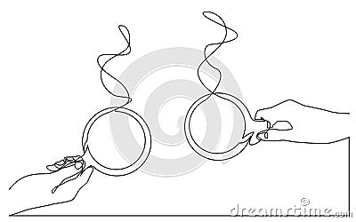 Continuous line drawing of two hands holding coffee cups Vector Illustration