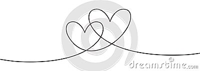 Continuous line drawing two hearts embracing, Black and white vector minimalist illustration of love concept minimalism one hand Vector Illustration