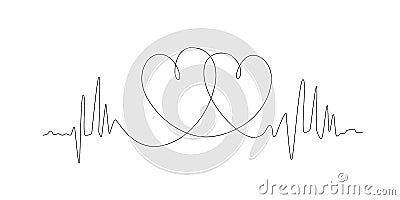 Continuous line drawing of two hearts with heartbeat line on black and white background. Love and passion concept Vector Illustration