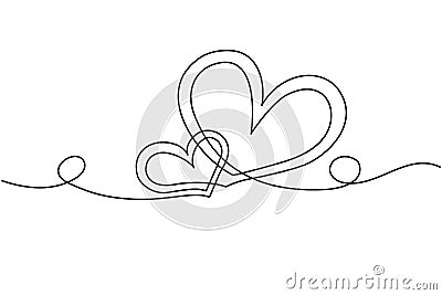 Continuous line drawing of two hearts, illustration for Valentine's Day. Cartoon Illustration