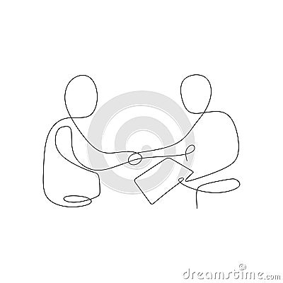 continuous line drawing of two person shaking hand and legalization a business contract Vector Illustration