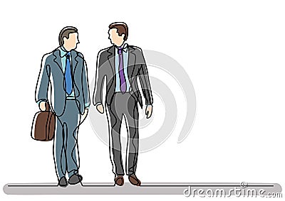 Continuous line drawing of two walking businessmen Vector Illustration