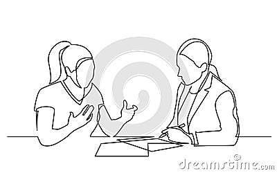 Continuous line drawing of two women discussing signing paperworks Vector Illustration