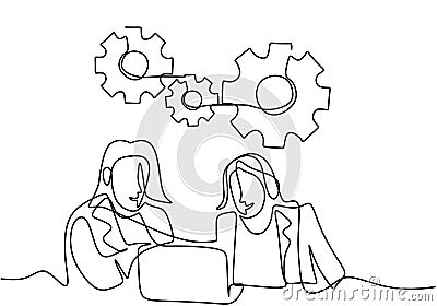 Continuous line drawing of two young businesswoman are looking at a laptop screen studying her new project plans. Brainstorming Vector Illustration