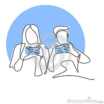 Continuous line drawing of two young gamer playing a game console. Happy male and female sitting on couch sparring playing games Vector Illustration