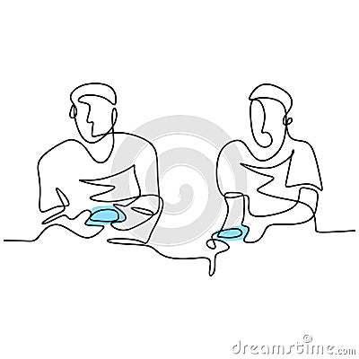 Continuous line drawing of two young gamer playing a game console. Happy male sitting on couch sparring playing games in their Vector Illustration