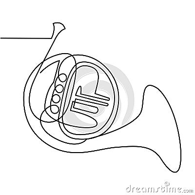 Continuous Line Drawing of Vector Brass wind musical instrument. French horn. Single line icon. Vector Illustration