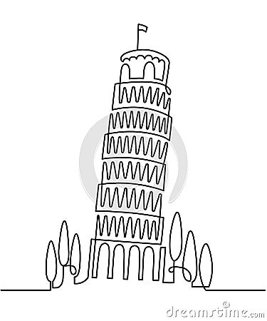 Continuous Line Drawing of Vector Italian landmark Piza Tower, Italy. Vector illustration, simple linear travel concept Vector Illustration