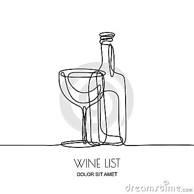 Continuous line drawing. Vector linear black illustration of wine bottle and glass isolated on white background. Vector Illustration