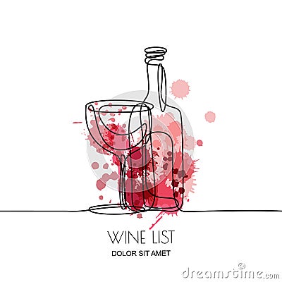 Continuous line drawing. Vector linear illustration of red or rose wine and glass on watercolor splashes background. Vector Illustration