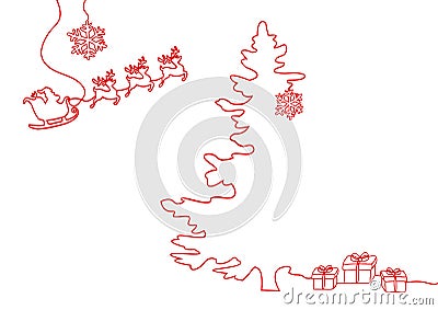 Continuous one line drawing of a Christmas holiday, Santa Claus on a sleigh, deer, Christmas tree, Snowflakes, Gifts. Vector Illustration