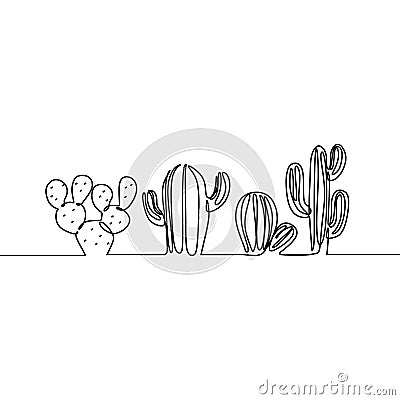 Continuous Line Drawing of Vector Set of Cute Cactus Black and White Sketch House Plants Isolated on White Background. Potted Stock Photo