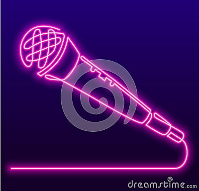 Continuous Line Drawing of Vector wired microphone icon. Karaoke neon sign, bright signboard, light banner. Karaoke Bar Vector Illustration